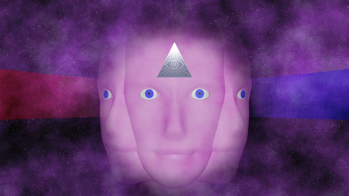 3D-Illustration 3 Gesichter ineinander verschoben eines schaut nach vorn eines nach rechts eines nach links das mittlere hat ein silbernes Dreieck mit Auge-Relief auf der Stirn