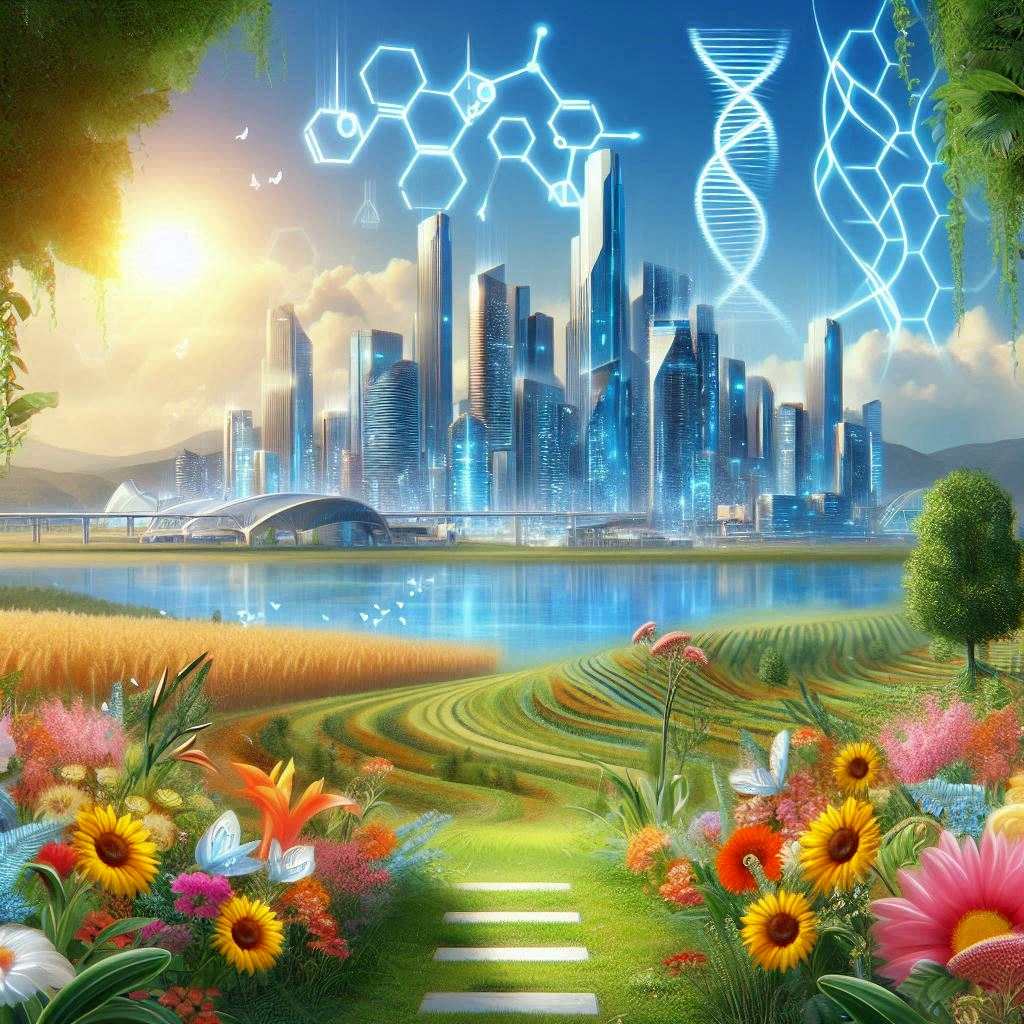 surreale Illustration von einer utopischen City, Blumenwiese im Vordergrund, blauer Himmel, schwebende riesige DNA-Doppelhelix