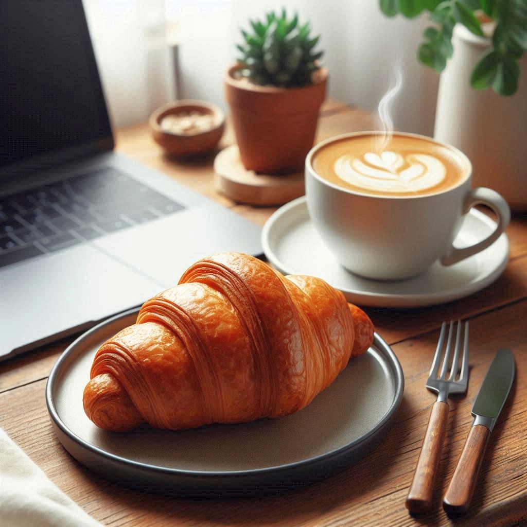 Stillleben mit Tasse Kaffee, Croissant, Laptop, Brotmesser und Gabel mit Holzgriff, kleiner Ton-Blumentopf mit kleinem Kaktus