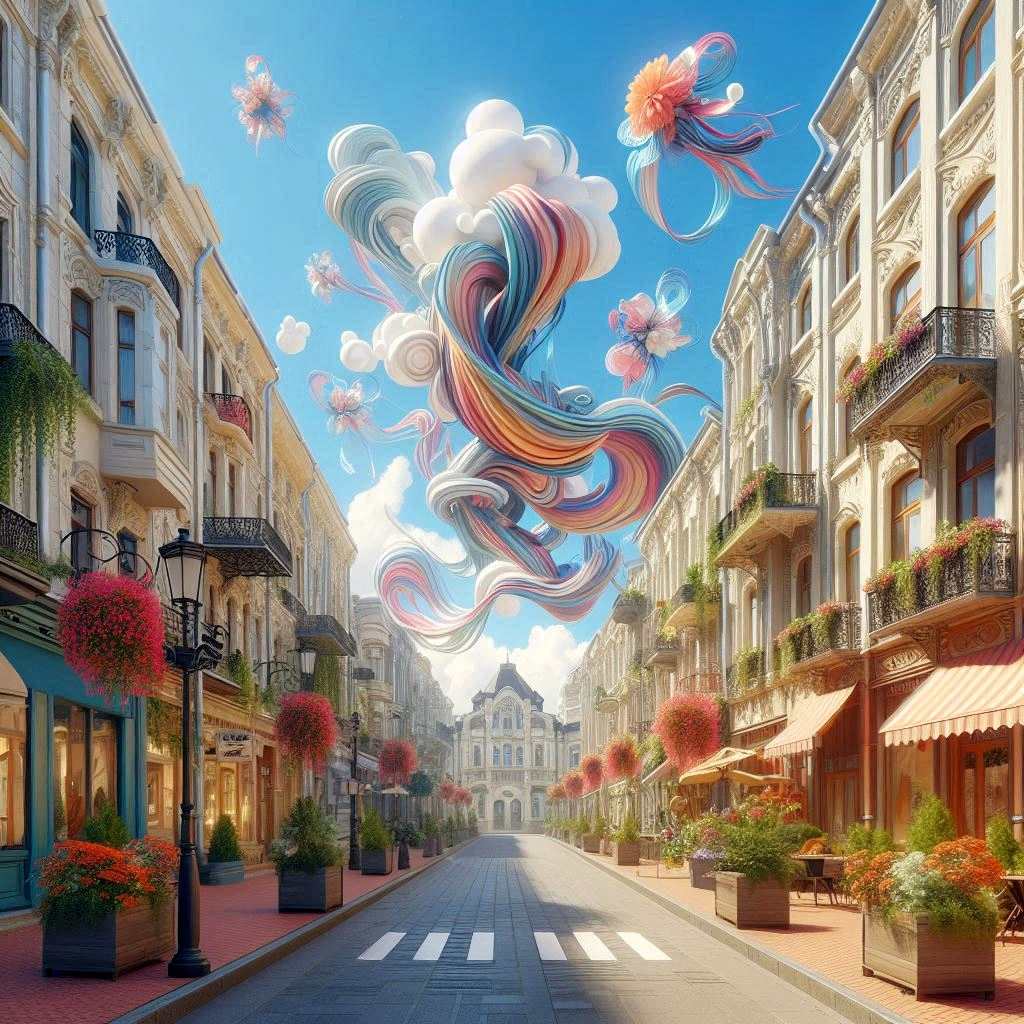 fotorealistische Darstellung einer gemütlichen europäischen Einkaufsstraße mit klassischer Architektur. Der Himmel zeigt künstlerische VR-Skulpturen in Form von spiralförmigen Wolken sowie schwebenden, bunten Bändern, Schleifen und Blumen.