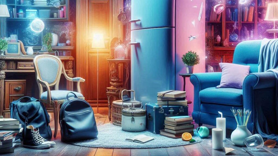 Ein surreales, KI-generiertes Bild von einem Zimmer mit vielen Gegeständen - ein alter Kühlschrank aus den 1950er Jahren, Stehlampe, Turnschule, Geschirr, Ohrensessel mit Kissen, Nähkorb, Rucksack, surreal bunt leuchtendes Licht