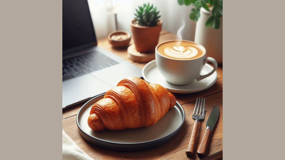 Stillleben mit Tasse Kaffee, Croissant, Laptop, Brotmesser und Gabel mit Holzgriff, kleiner Ton-Blumentopf mit kleinem Kaktus