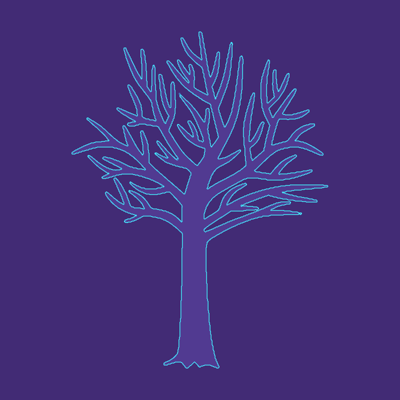 ein einfach gezeichneter Baum, Neon-Farben auf einfarbigen, violettem Hintergrund, mit einigen Ästen und Zweigen, keine Blätter