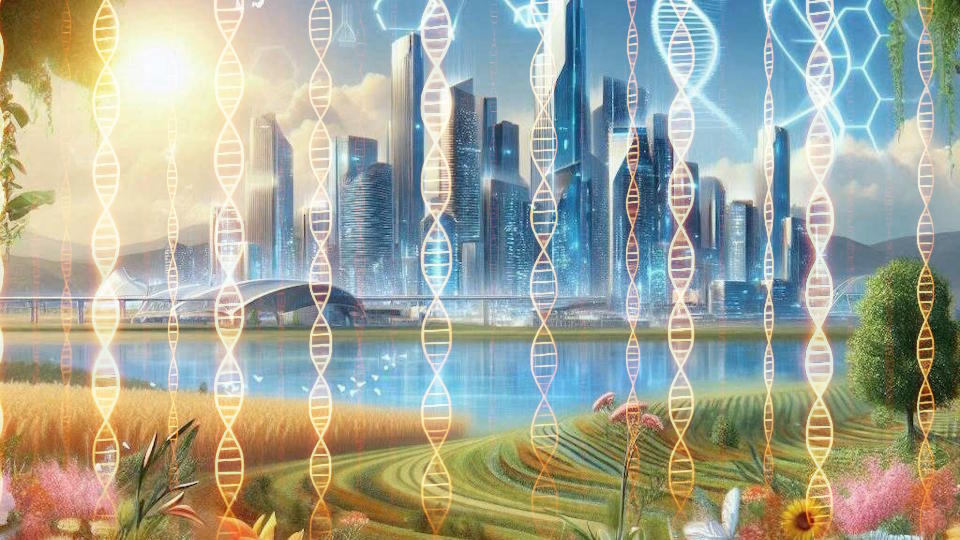 surreale Illustration von einer utopischen City, Blumenwiese im Vordergrund, blauer Himmel, lange vom Himmel hängende riesige DNA-Doppelhelix-Stränge