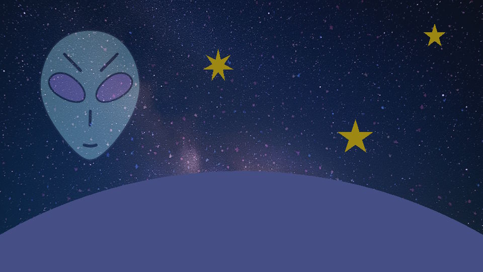 Hintergrund mit Universum, Milchstraße. Vordergrund leicht transparent, einfache Symbolzeichnung eines Alien-Gesichts mit den typisch großen Augen, einfarbiger Kugelabschnitt wie der Blick aus einer Raumstation auf die Erde, am rand drei mehrzackige Sterne