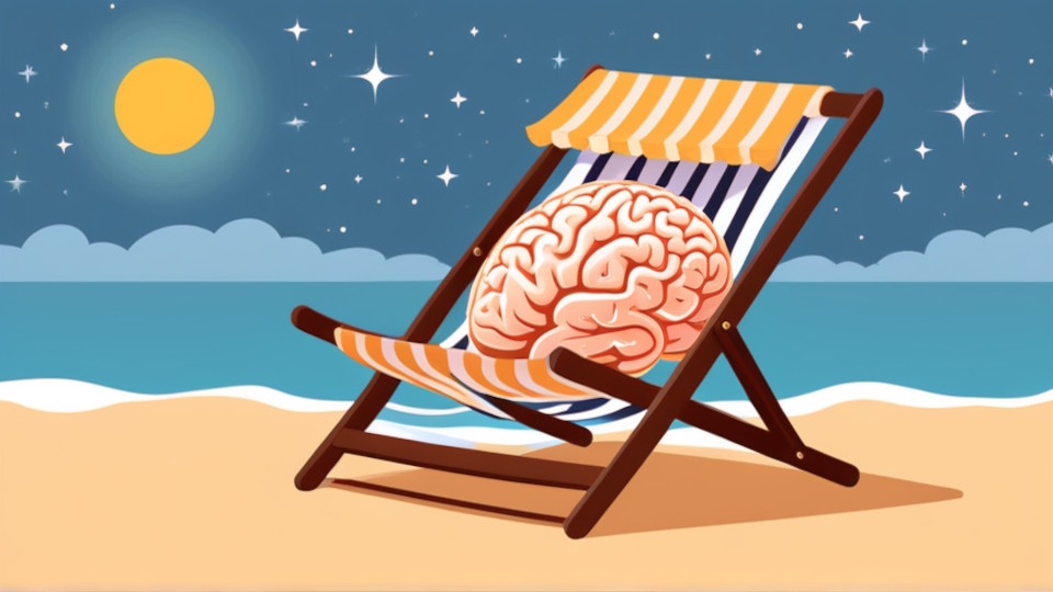 Ein im Comic-Stile gezeichnetes Gehirn liegt an Strand in einem Liegestuhl und entspannt sich.