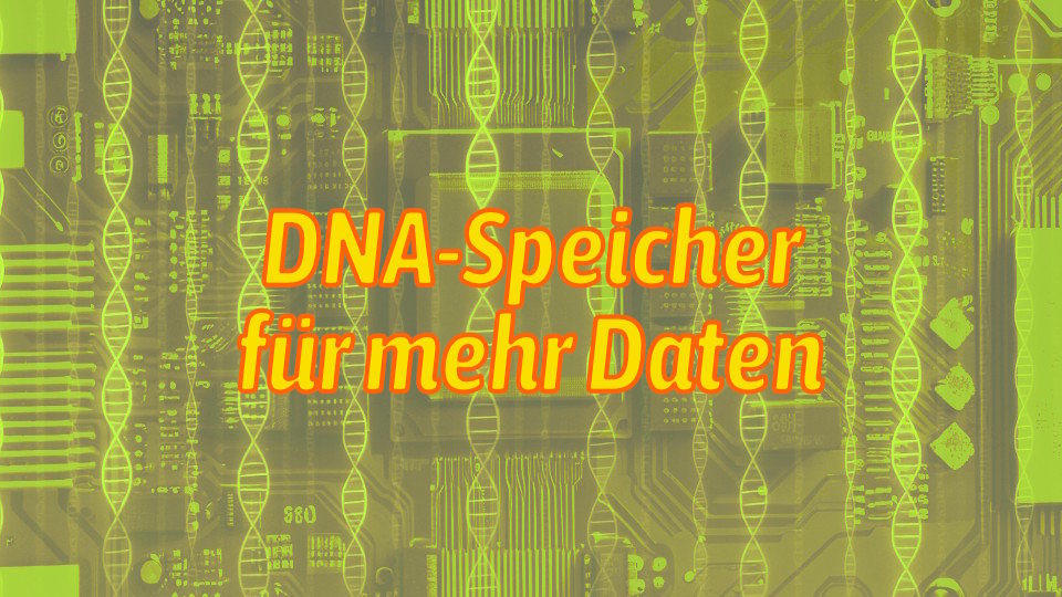 Gezeichnete DNA-Stränge, die irgendwie von oben aus dem Nichts kommend, wie Bänder herunterhängen und einen durchscheinenden Hintergrundbild von einer elektronischen Platine mit Speicherchips und dem Schriftzug - DNA-Speicher für mehr Daten