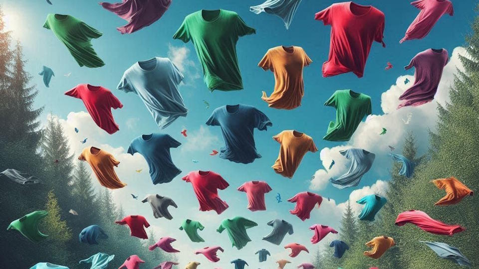 surreal, fliegende einfarbige T-Shirts, verschiedene Farben in einem grünen Wald mit blauem Himmel
