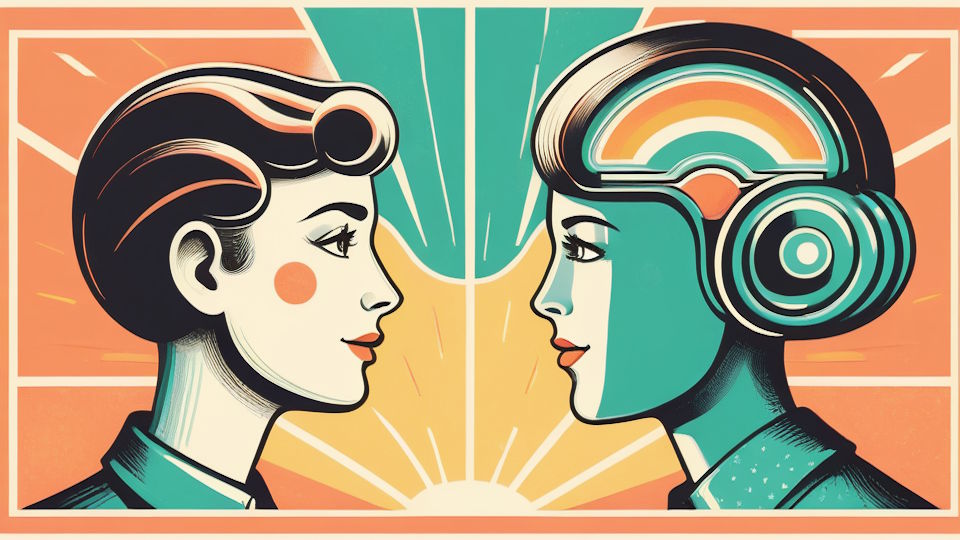 Eine Illustration von zwei Personen in der Profilansicht von der Seite, die sich gegenseitig anschauen, obwohl ein Sonnenstrahl als Trennlinie das Bild teilt, Bild im Retro-Style etwa 1920er bis 1950er Jahre