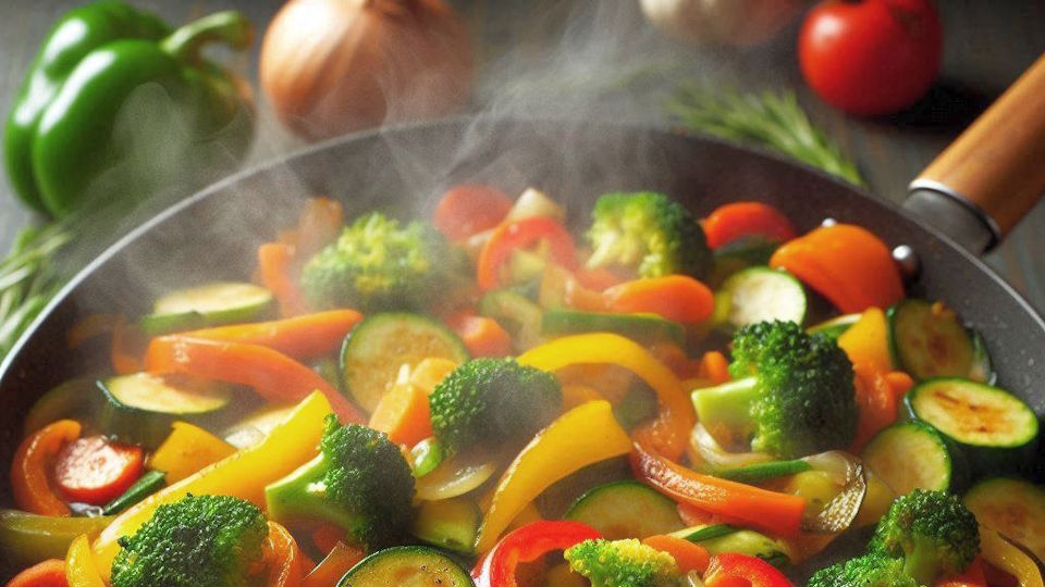eine Gemüsepfanne mit buntem, gebratenem Gemüse