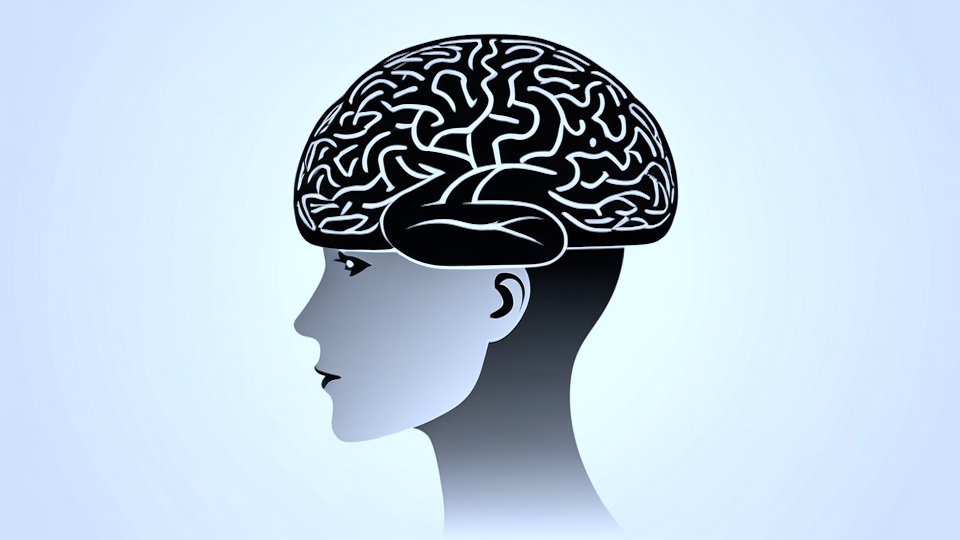 Eine Illustration von einer Personen in der Profilansicht von der Seite, die ein Gehirn wie einen Helm auf dem Kopf trägt, Bild im monochromen Scheerenschnitt-Style