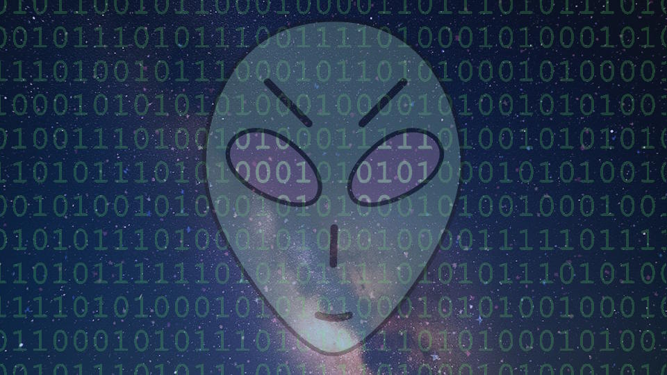 Hintergrund mit Universum, Milchstraße, uberlagert von mehreren Reihen Nullen und Einsen. Vordergrund leicht transparent, einfache Symbolzeichnung eines Alien-Gesichts mit den typisch großen Augen