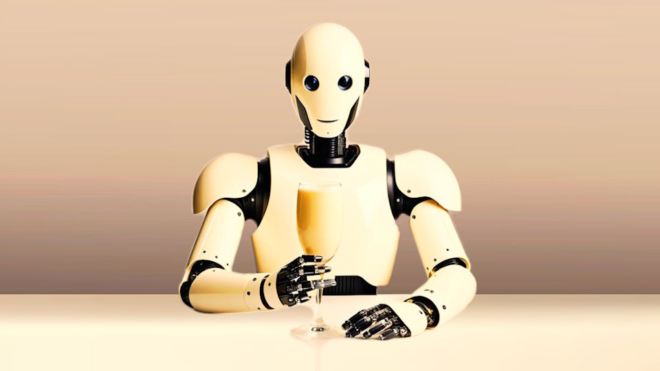 Ein freundlich aussehender humanoider Roboter, nur Oberkörper ist zu sehen, steht oder sitzt an einer langen Theke oder Tisch und hält ein Glas Eierlikör in der Hand. Roboter, Tisch und Hintergrund sind alle monochome im Eierlikör-Farbton.