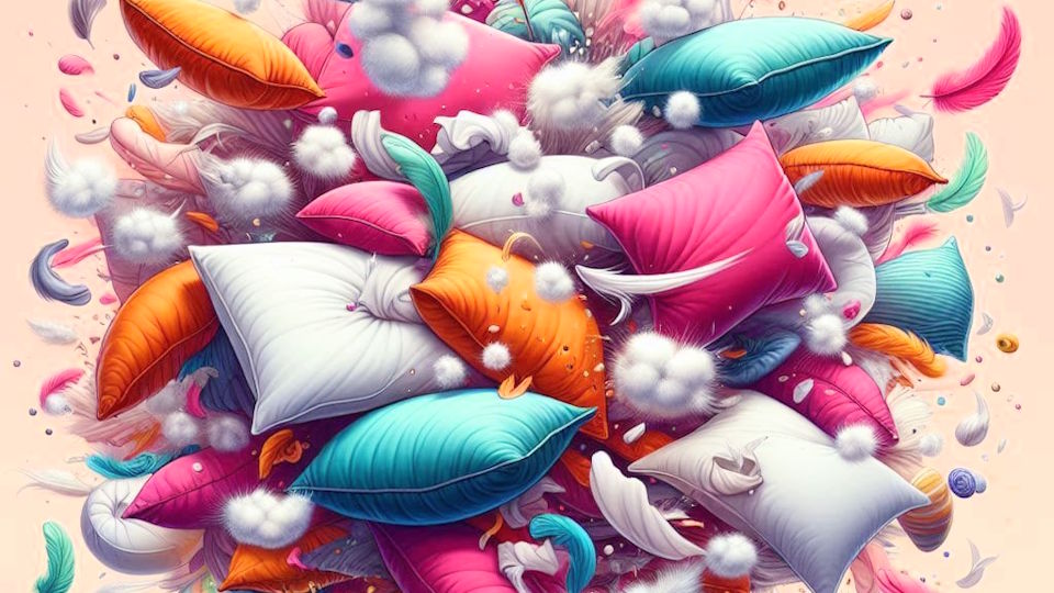 Ein surreales, KI-generiertes Bild von mehreren bunten Kissen, die als Gruppe in Form einer Wolke schweben, dazwischen kleine Wolken und bunte Federn