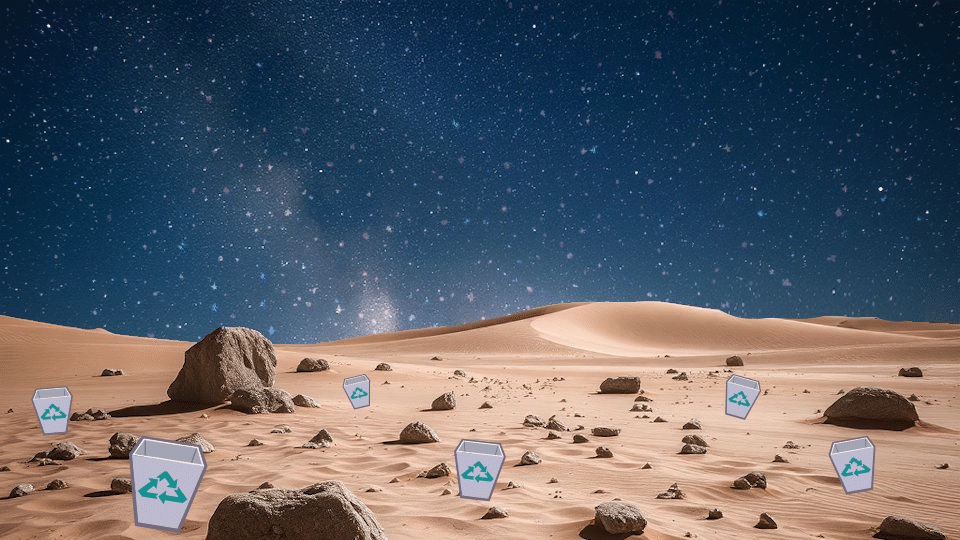 Eine Sandwüste mit ein paar kleinen Steinen und einigen verstreuten, einfach gezeichneten Mülleimern, ein phantasievoll dargestellter nächtlicher Sternenhimmel