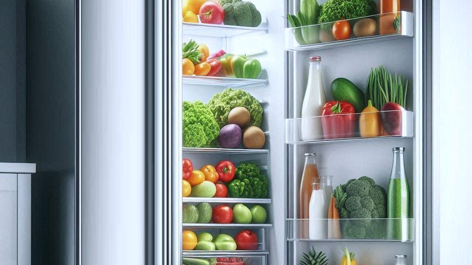 geöffneter Kühlschrank mit viel Obst und Gemüse