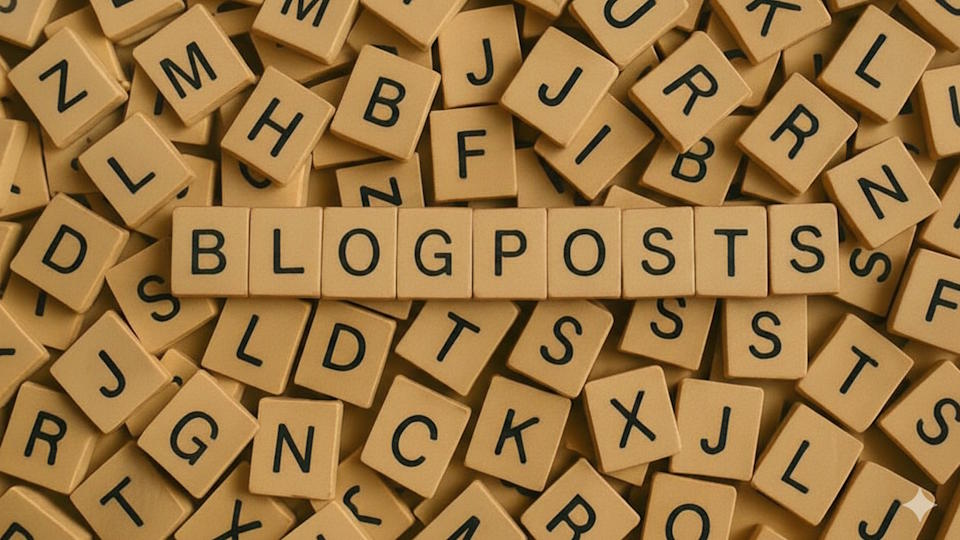 eine größere Menge an kleinen Holzplättchen mit Buchstaben drauf. Mittig das Wort Blogposts ausHolzplätchen zusammengelegt
