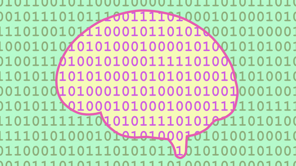 einfacher Umriss eines Gehirns auf einfarbigen Hintergrund. Reihen von Nullen und Einsen über das ganze Bild. Innenbereich des Gehrins und Nullen und Einsen, die sch darin befinden, haben andere Farbe als Hintergrund