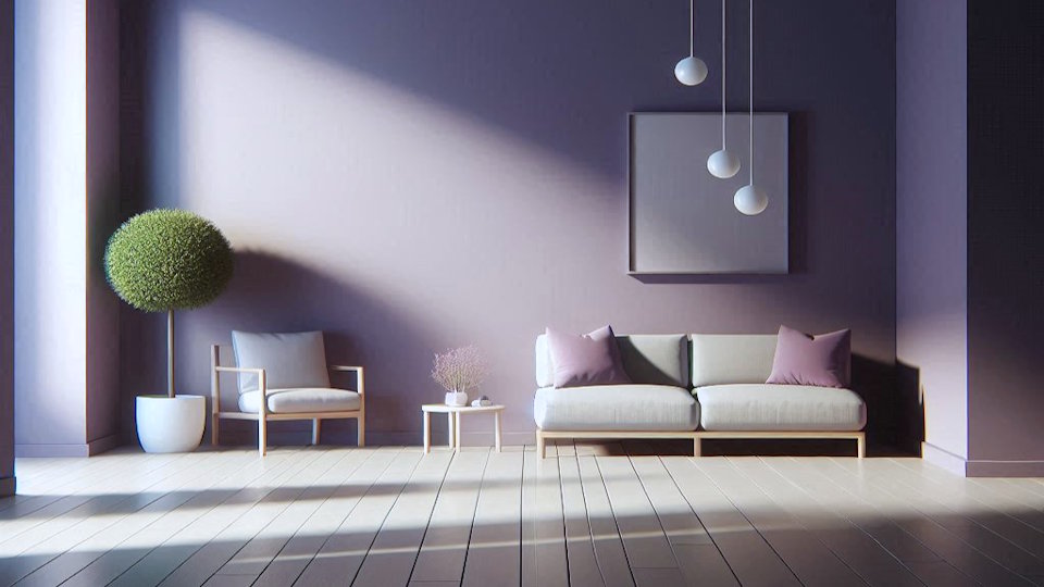fotorealistisches Bild von einer hellen leere Wohnung, dunkel-fliederfarbene Wände, Dielenboden, nur wenige Gegenstände