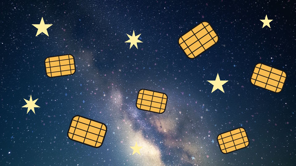 Ein phantasievoll dargestellter nächtlicher Sternenhimmel, einfach gezeichnete Sterne und ein paar fliegende Objekte, die an Kartenchips erinnern