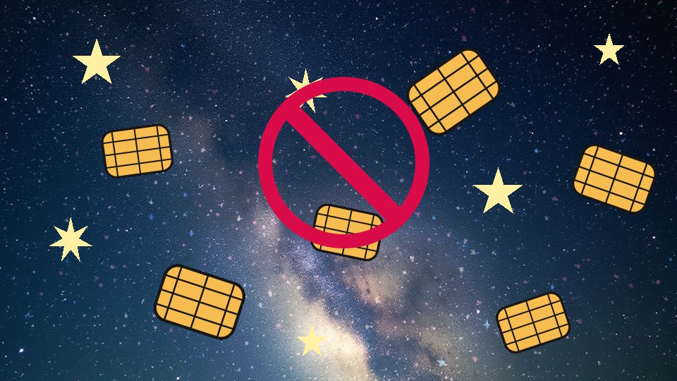 Ein phantasievoll dargestellter nächtlicher Sternenhimmel, einfach gezeichnete Sterne und ein paar fliegende Objekte, die an Kartenchips erinnern, darüber ein Durchgestrichen-Symbol