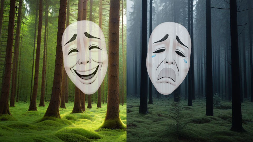 KI-generiertes Bild, zwei Hälften, rechts Wald in dunklen Farben im Vordergrund eine Karnevalsmaske für Traurigkeit, links Wald in hellen Farben im Vordergrund eine Karnevalsmaske für Fröhlichkeit