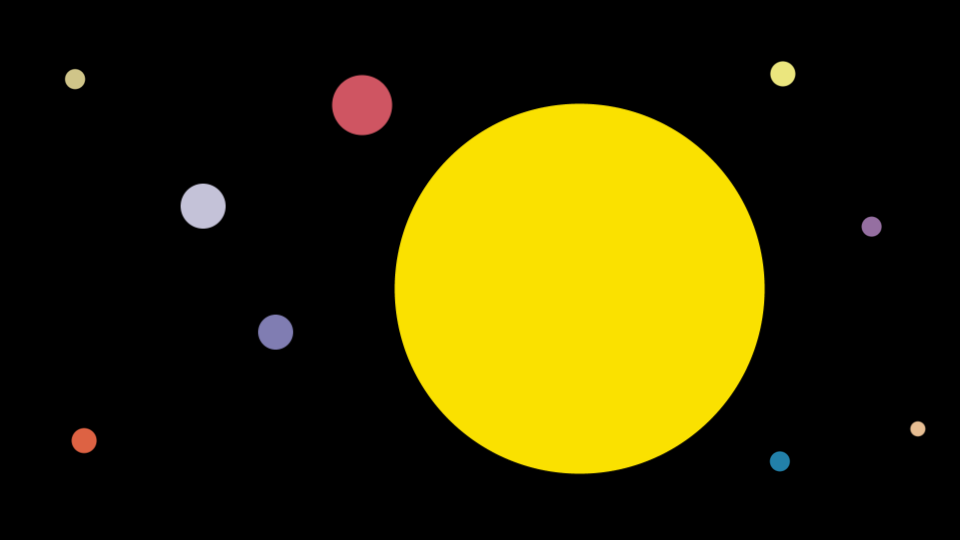 Ein paar farbige runde Scheiben, die als Symbolbild die Sonne und die Planeten darstellen sollen. Die Sonne als große Scheibe, die Planeten nur sehr klein.