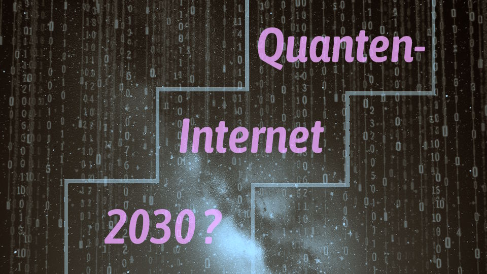 Hintergrundbild mit Universum Milchstraße Sterne überlagert mit Matrix-Regen Effekt. Im Vordergrund zwei parallele Linien im Treppenstufenmuster drei Stufen, dazwischen der Text -Quanten - Internet - 2030?- in drei Teilen