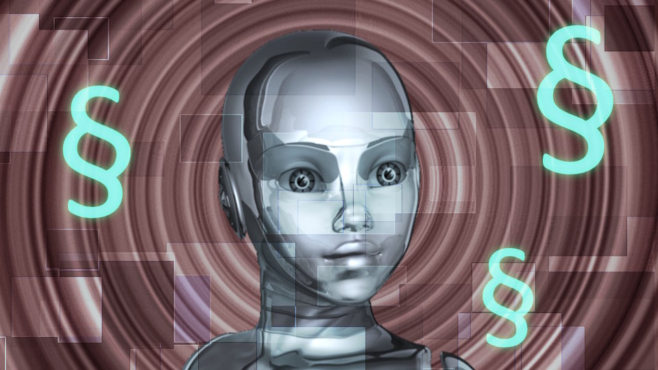 Ein Roboter mit einem kindlichen Gesicht, Profilbild, im Hintergrund konzentrische Kreise und Rechtecke, darüber Paragrphen-Schriftzeichen