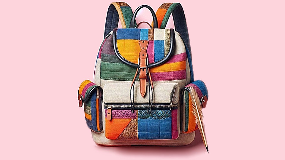 Ein KI-generiertes Bild von einem Rucksack mit buntem Patchwork-Design