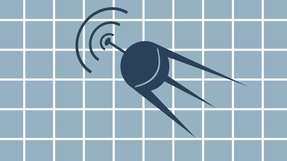 einfache Zeichnung, Hintergrund - grau-blauer mit Gitternetz aus weißen Linien, darüber dunkle symbolhafte Darstellung eines Satelliten, einfach wie ein Icon