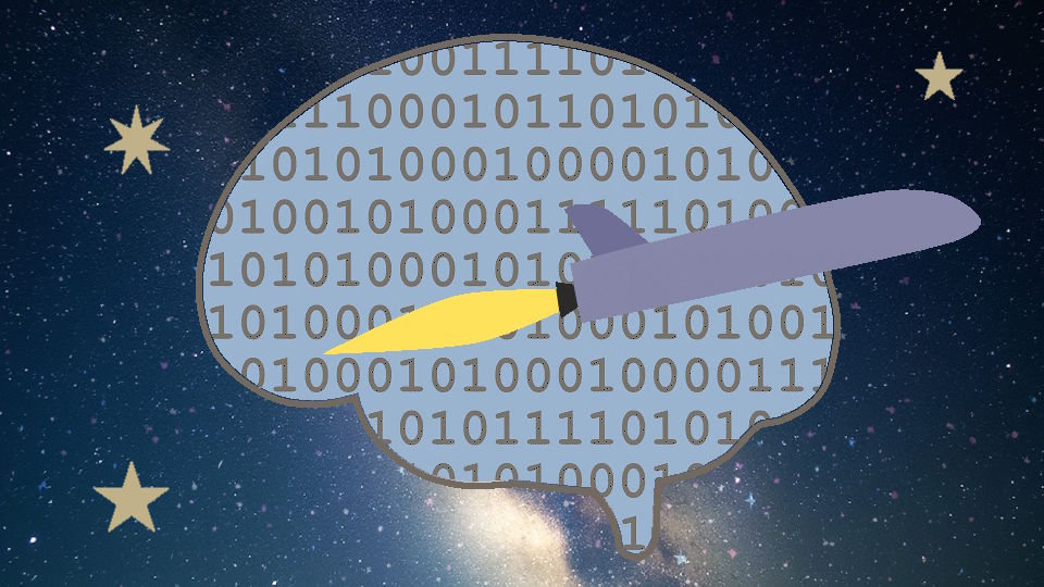 Hintergrund mit Universum, Milchstraße. Vordergrund einfache Silhouette eines Gehirns mit Nullen und Einsen und einfach gezeichnete Rakete fliegt durchs Bild, am Rand drei gezeichnete große mehrzackige Sterne
