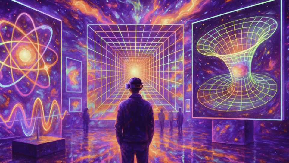 eine Kunstausstellung mit holografischen leuchtenden 3D-Objekten die frei im Raum schweben und Besuchern, die VR-Brillen tragen
