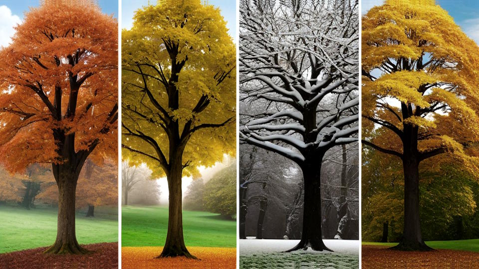 vier vertikal nebeneinander angeordnete Bilder, jeweils ein Baum in unterschiedlichen Jahreszeiten, mit orangenfarbenen und gelben Blättern oder schneebedeckt.