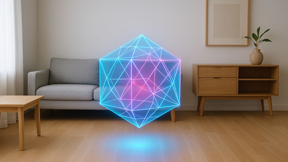 ein minimalistisch eingerichtetes Zimmer, sehr wenig Möbel, Sofa, Laminatboden, helle braune oder beige Farben, mitten im Raum schwebend ein holografisches dreidimensionales Oktaeder, hellblau neoanfarben leuchtend