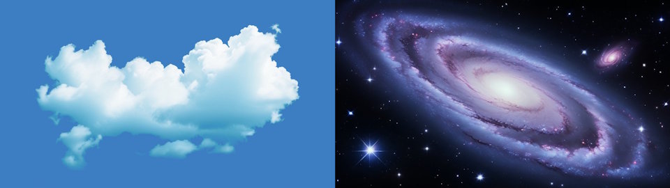 linke Hälfte des Bildes - eine Wolke, rechte Hälfte des Bildes eine Galaxie