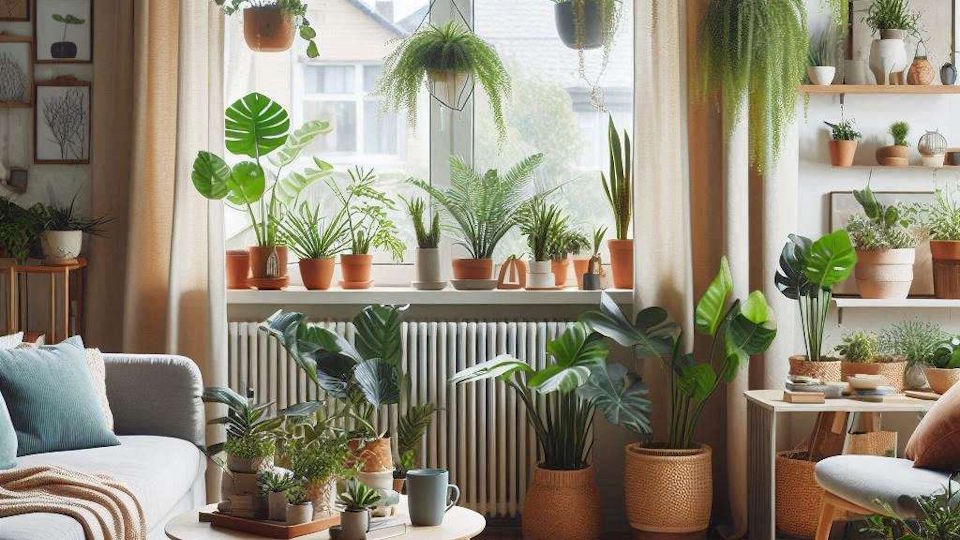 Gemütliches Wohnzimmer mit Sofa mit Kissen, eine Decke, einem Sessel, einem kleinen Couchtisch und vielen Zimmerpflanzen, darunter hängende Pflanzen und große Blattpflanzen. Das Zimmer hat zwei Fenster mit durchsichtigen Vorhängen, die natürliches Licht hereinlassen.
