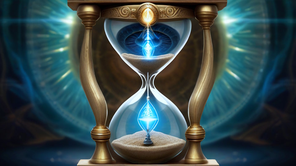Eine goldene, kunstvoll verzierte Sanduhr mit leuchtend blauem Sand und blauer Energie im Inneren. Der Hintergrund besteht aus konzentrischen leuchtenden, blauen Kreisen, die an eine große Iris erinnern.