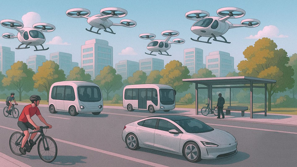 Illustration einer Straße, zwei selbstfahrende Busse, Bus-Haltestelle mit wartender Person, zwei Fahradfahrer, ein PKW, mehrere fliegende Flugtaxen, ein paar Hochhäuser im Hintergrund, blauer Himmel, ein paar Wolken