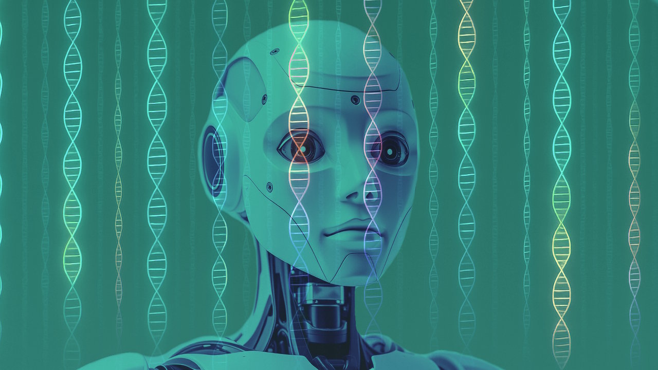 gezeichnete Doppel-Helix DNA-Stränge, die wie Perlenketten von der Decke herunterhängen und eine Porträt-Ansicht eines humanoiden Roboters