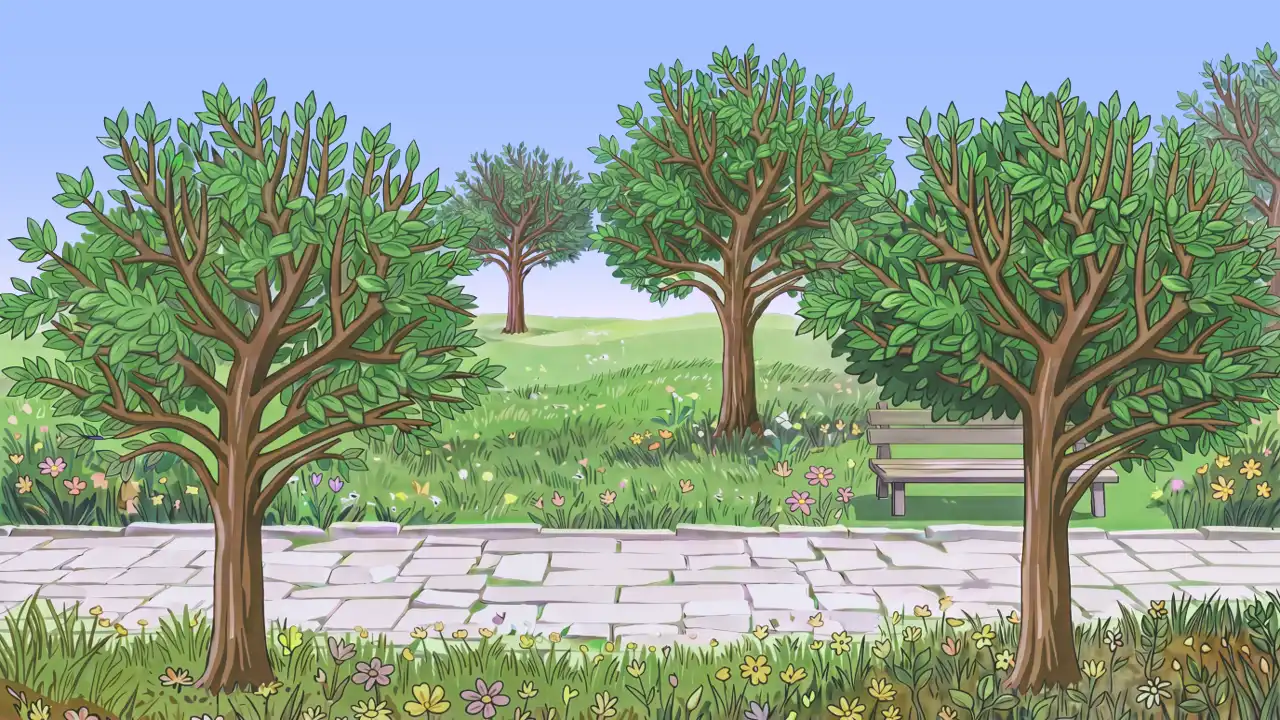 KI-überarbeitete Parkillustration mit Weg, Grünflächen und räumlicher Tiefe