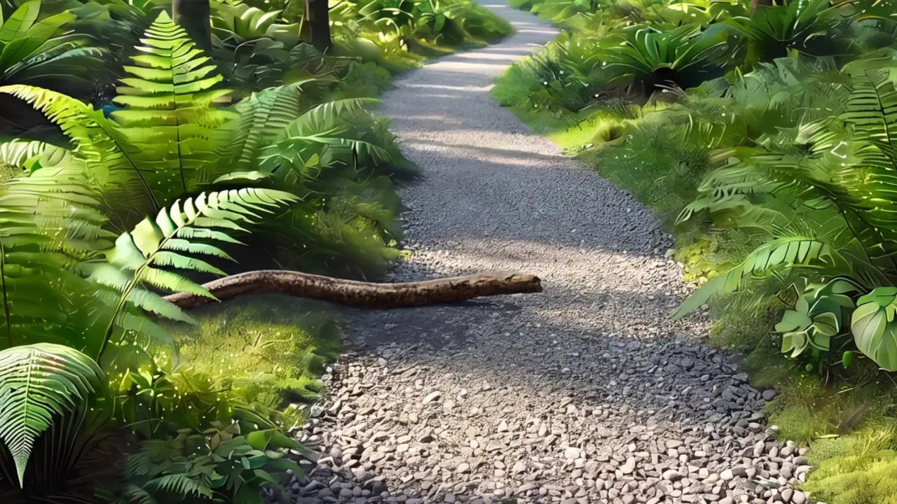 Waldweg mit Farnen und einem gebogenen Ast im Vordergrund