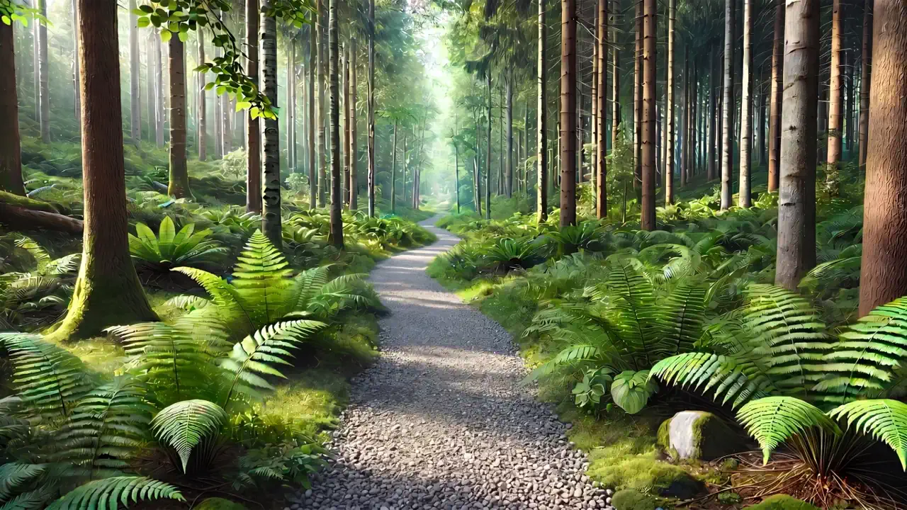 Waldweg mit Farnen