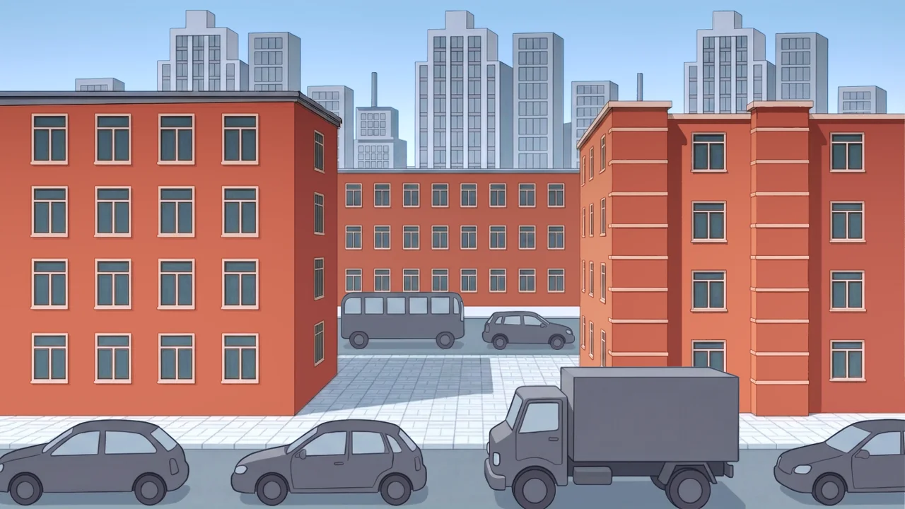 KI-überarbeitete Stadtillustration mit Häusern, Straße, Fahrzeugen und mehr räumlicher Tiefe